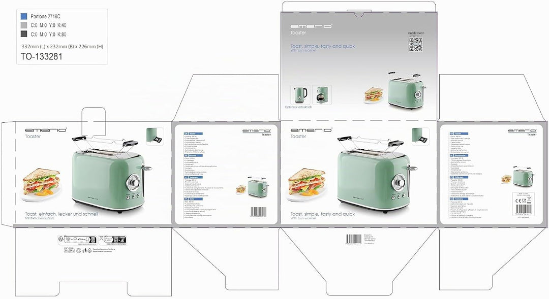 EMERIO Toaster Retro Style | 800 Watt | 2 Scheiben | 7 einstellbare Bräunungsgrade | Brötchenaufsatz