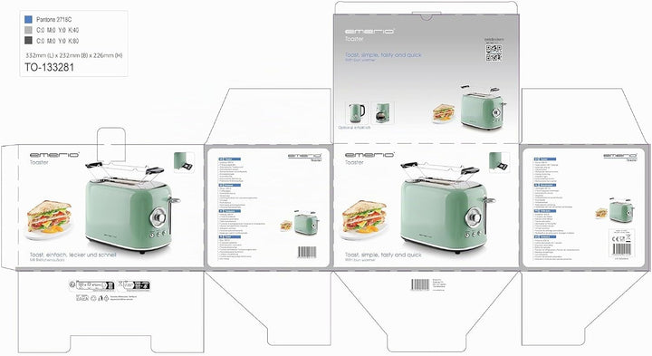 EMERIO Toaster Retro Style | 800 Watt | 2 Scheiben | 7 einstellbare Bräunungsgrade | Brötchenaufsatz