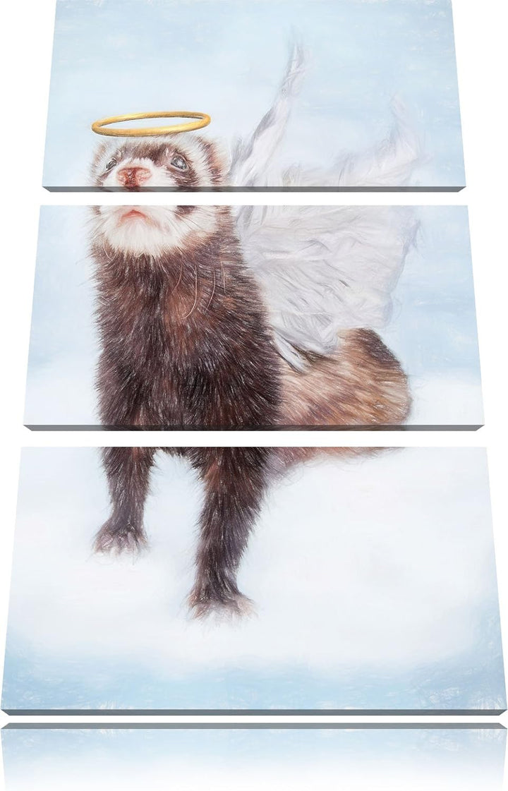 Pixxprint Süsses Frettchen im Engelsköstum Kunst Buntstift Effekt 3-Teiler Leinwandbild 120x80 Bild