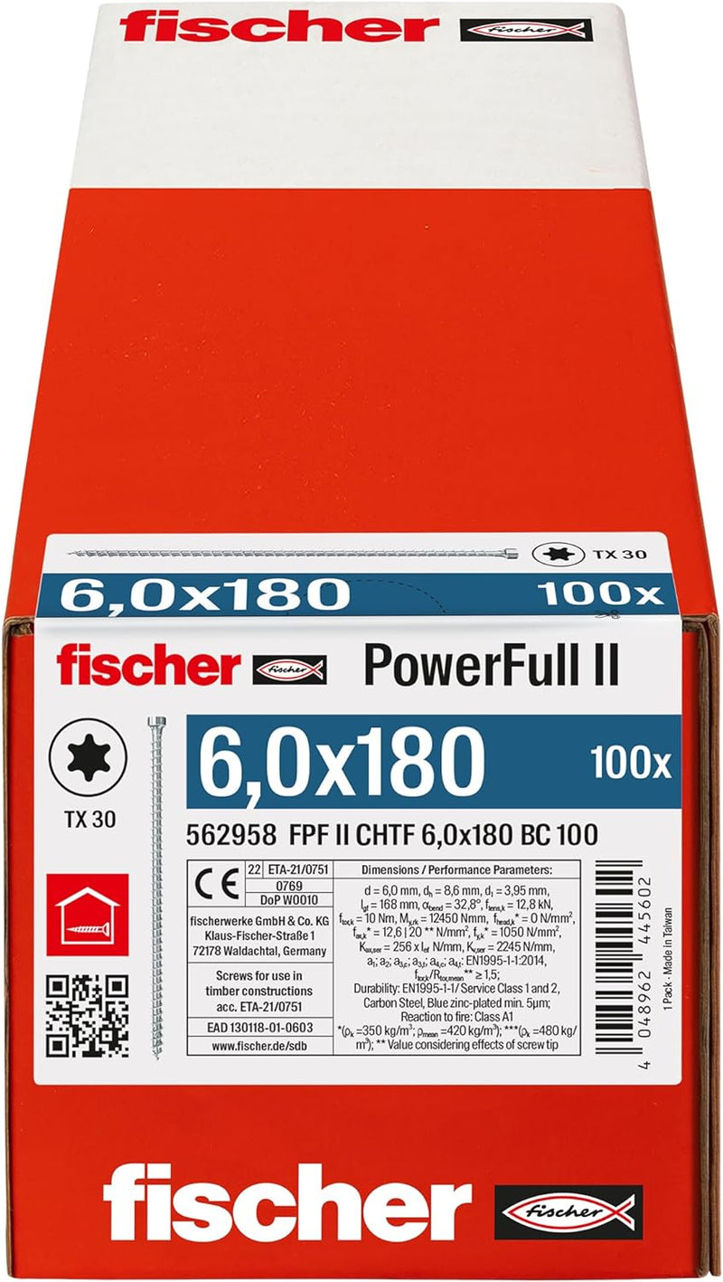 fischer PowerFull II 6,0 x 180, Premium Vollgewindeschraube (100 Stk.) mit innovativer Spitzengeomet