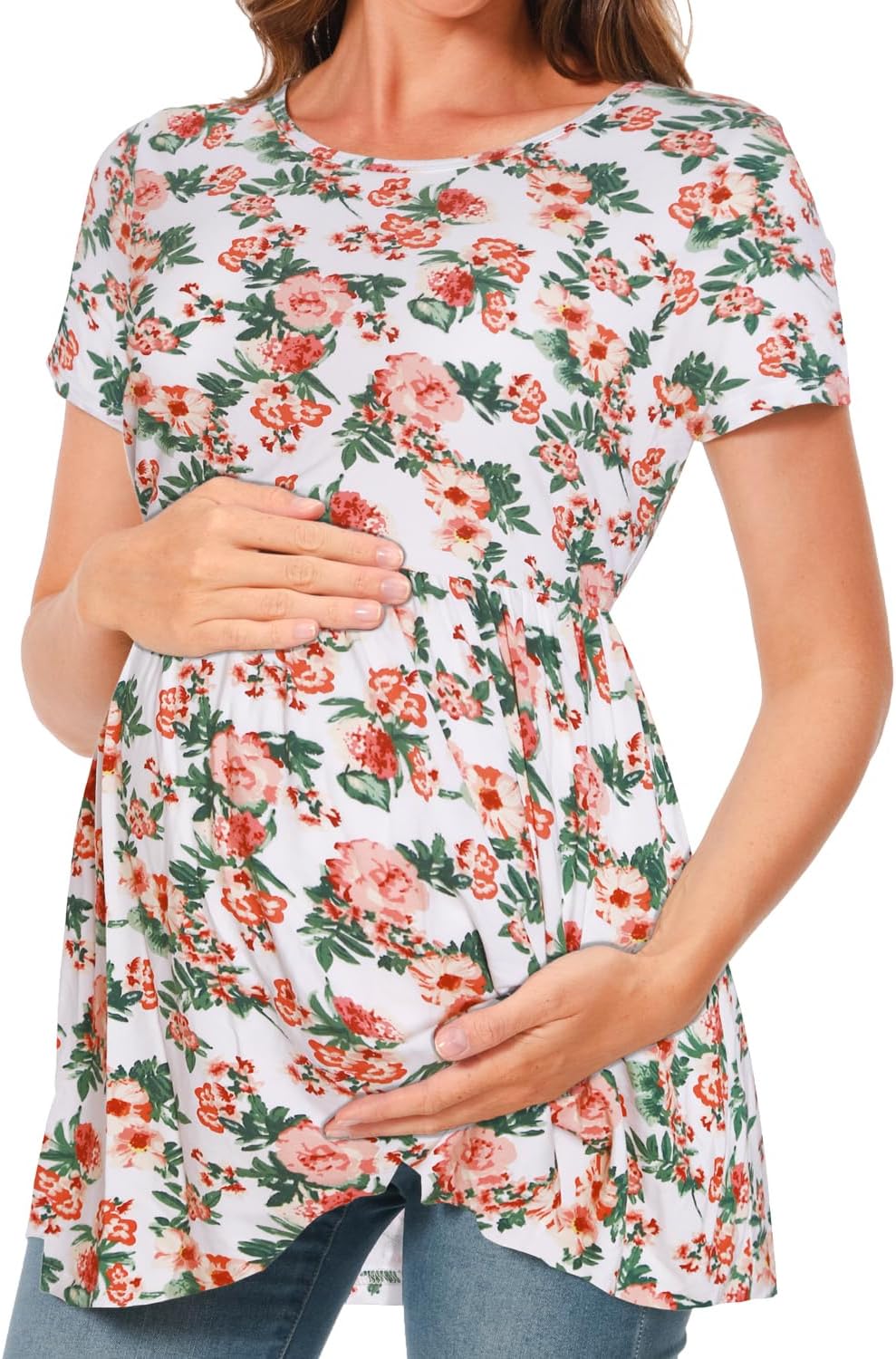 Bearsland Maternity Tops Short Sleeve Scoop Neck Breastfeeding T-Shirt Pregnancy Clothes S Gray Gree