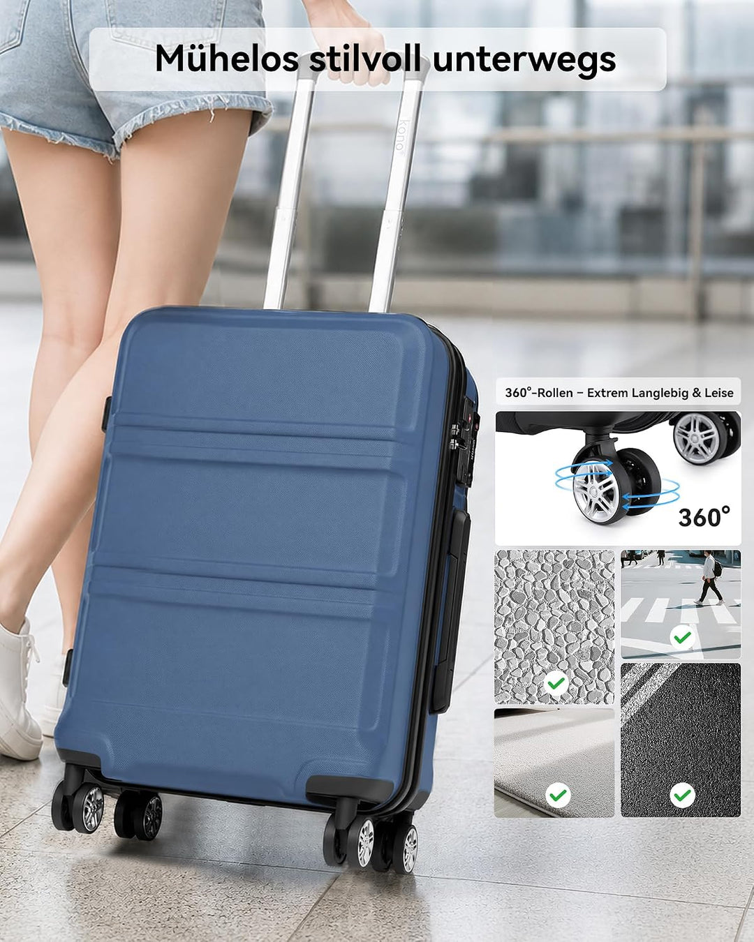 KONO Koffer Trolley Reisekoffer aus ABS+PC – Leichter Hartschalenkoffer mit 4 Zwillingsrollen und TS