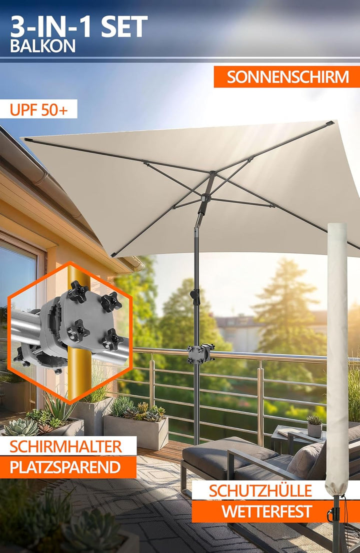 4smile Sonnenschirm Balkon SunnyShade 3-in-1 SET in Beige - UPF 50+ Sonnenschirm rechteckig 200 x 12