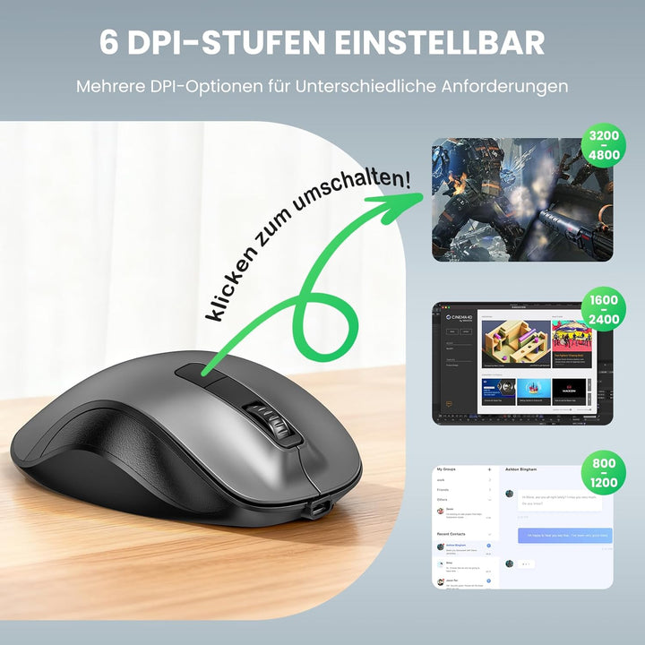 TECKNET Maus Kabellos, Bluetooth Maus Aufladbar mit 3 Gerät (2*Bluetooth+USB), 4800DPI, 6 Tasten, Si
