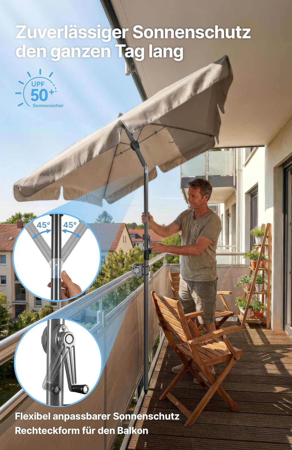 4smile SunnyShade Sonnenschirm Balkon mit Halterung im 3-er-Set, Taupe, 200x125 cm, UV 50+, Balkonsc