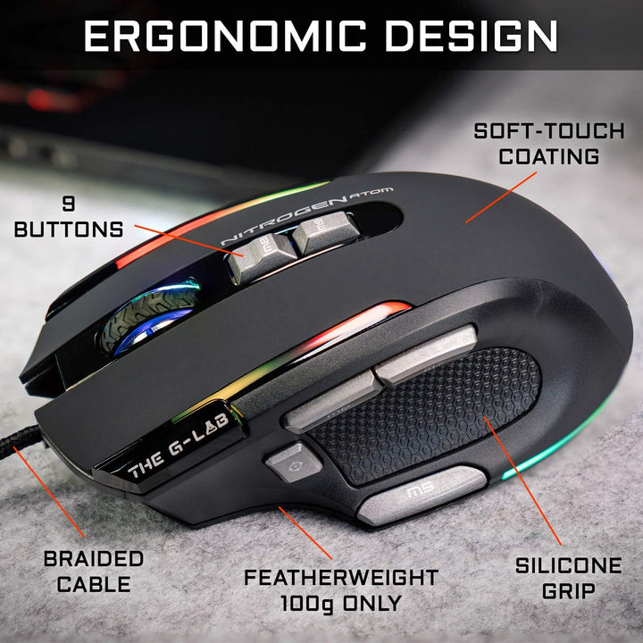 THE G-LAB Kult Nitrogen Atom Hochpräzise kabelgebundene Gaming-Maus - Optischer 4800 DPI Sensor, RGB