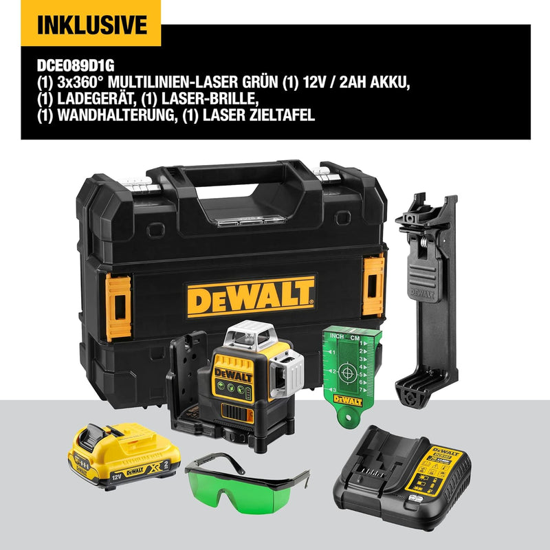 Dewalt Linienlaser (selbstnivellierender 3x360°,10,8V, 2Ah, manueller Modus ab 4° (Blinkmodus), Arbe