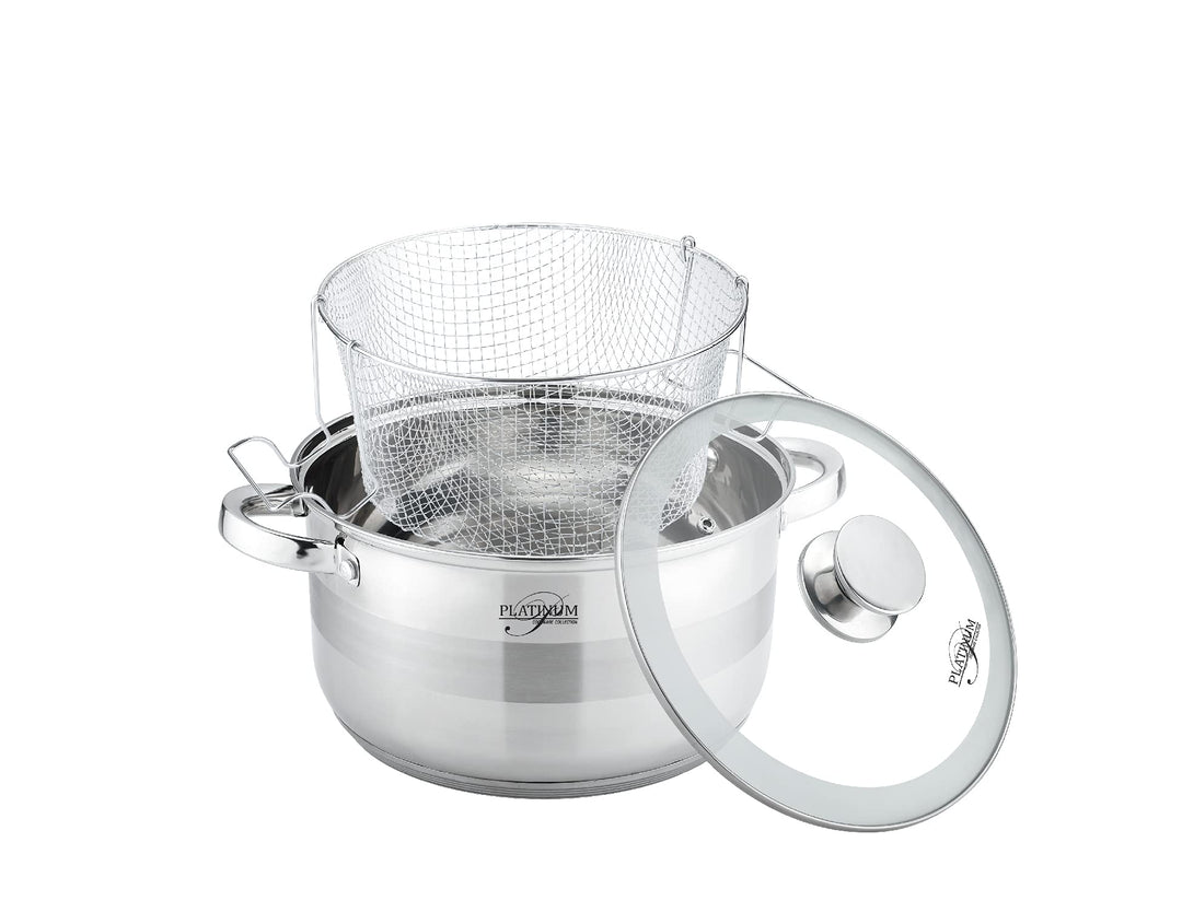 Frittiertopf 3 tlg Hochwertiger Edelstahl 18/10 Induktion Korb Fritteuse Ø24×14.5 cm, 6.6L Topf mit