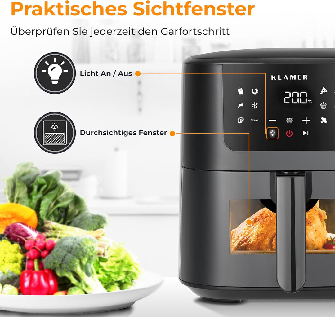 KLAMER Heissluftfritteuse 5l XL, Heissluftfritteuse mit Sichtfenster & Schüttel-Erinnerung, Ölfreier