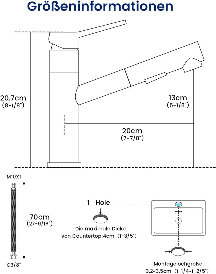 DAYONE Chrom Wasserhahn Küche, SUS304 Edelstahl Küchenarmatur mit Ausziehbarer Brause, 2 Strahlarten