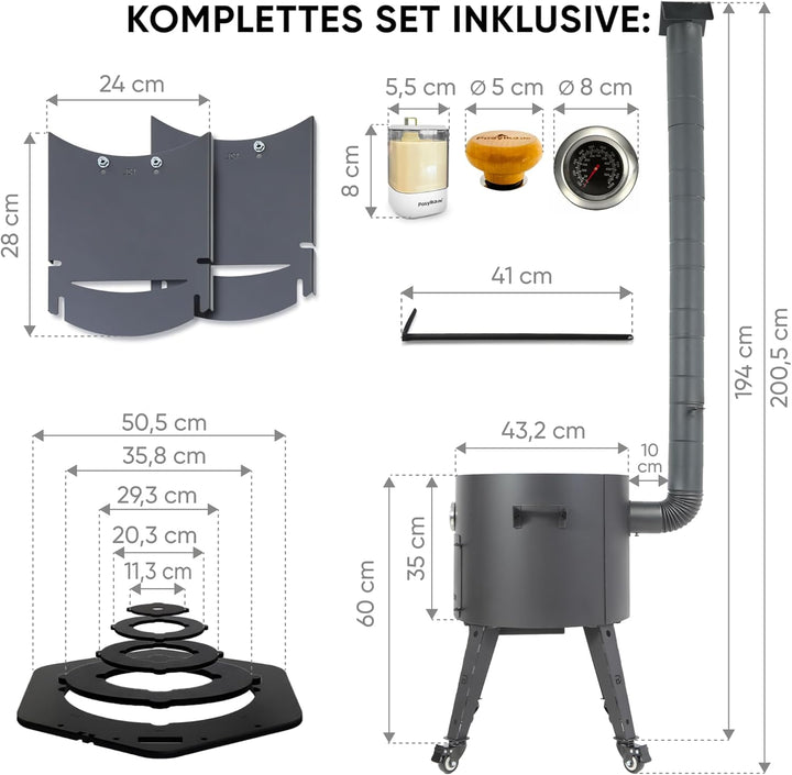 Utschak Feuerofen Ø 44cm mit Usbekisch Kazan Gusseisen 16L | Ablage Räder Adapter-Ring Schaumlöffel