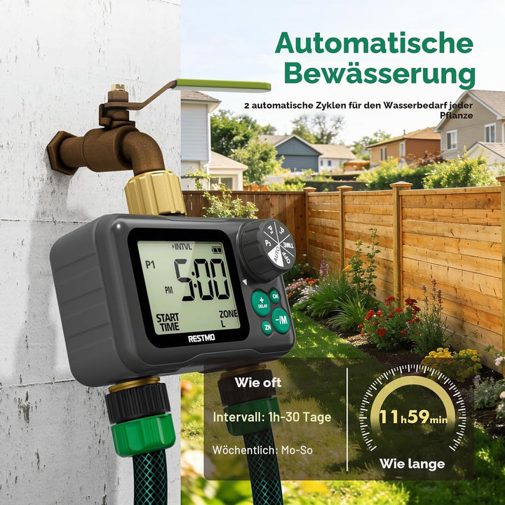 RESTMO 2-Zonen RF-Bewässerungscomputer, Bewässerungstimer mit Fernbedienung 2 Ausgänge, 2 Ausgänge