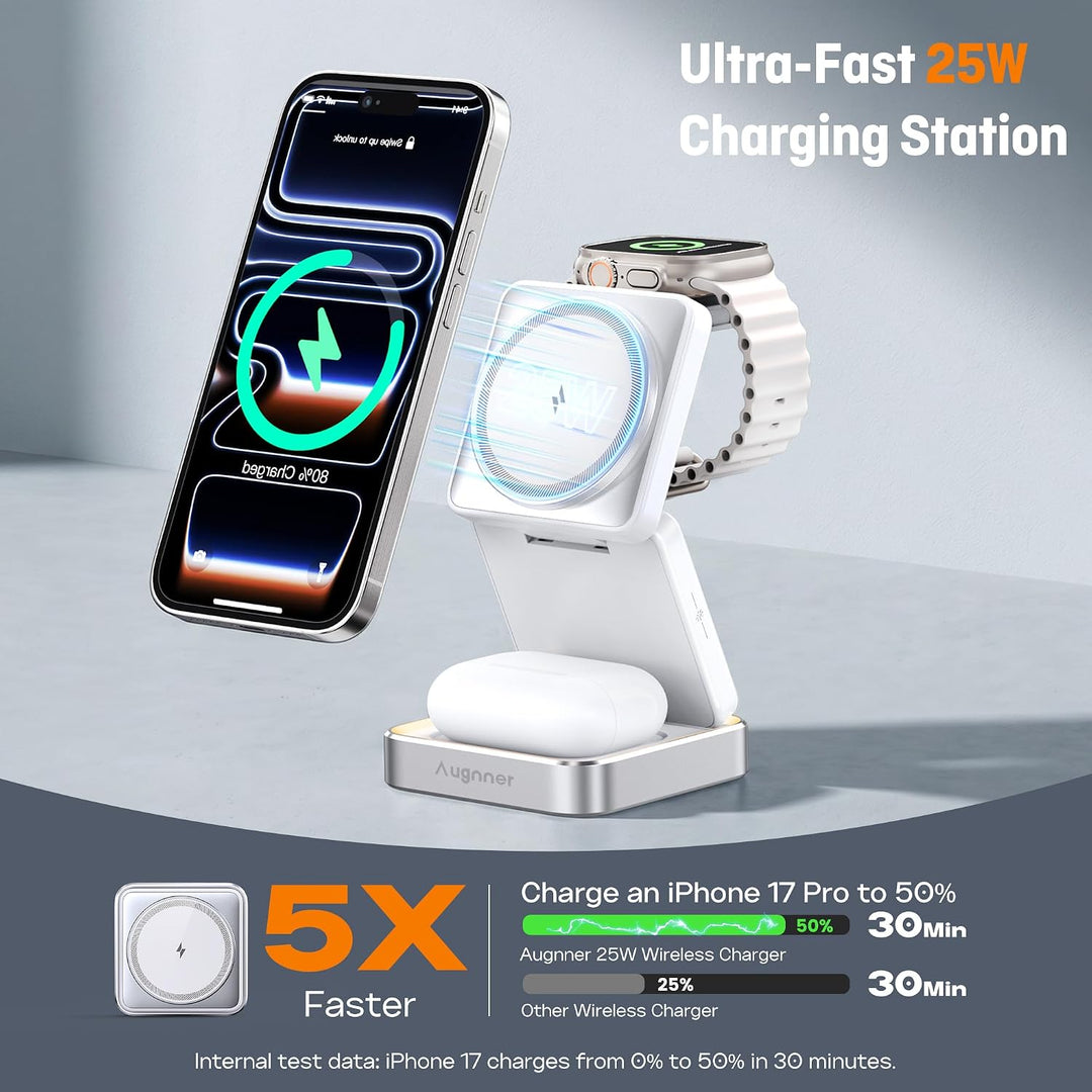 Augnner[Ultraschnell 25W] 3 in 1 Kabellose Ladestation für Apple, 25W Faltbar Induktive Ladestation