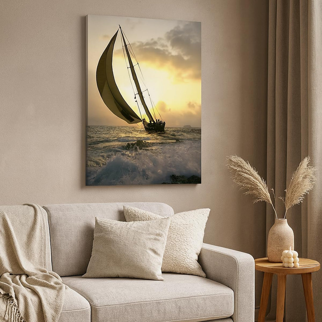 Bilder auf Leinwand 55x100cm Leinwandbild mit Rahmen Schiff Sonnenuntergang Sonne Landschaft Gross W