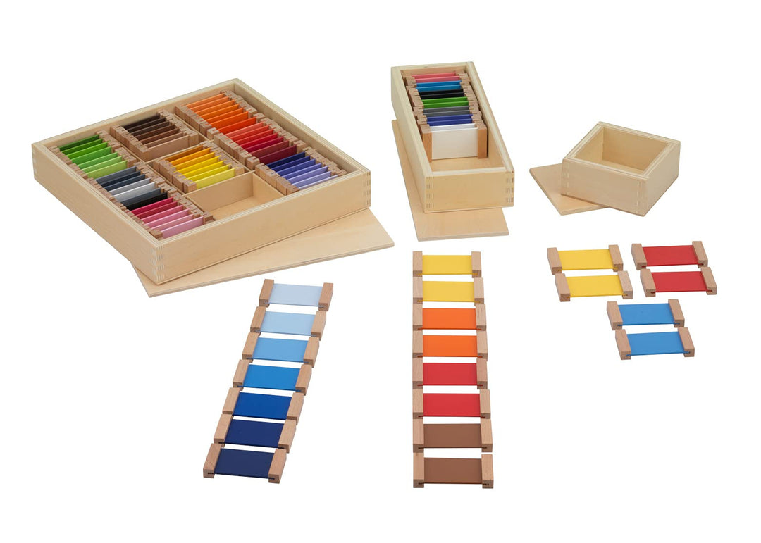 Montessori Farbtäfelchen, Kästen I, II und III, Montessori-Material zur Farbenlehre