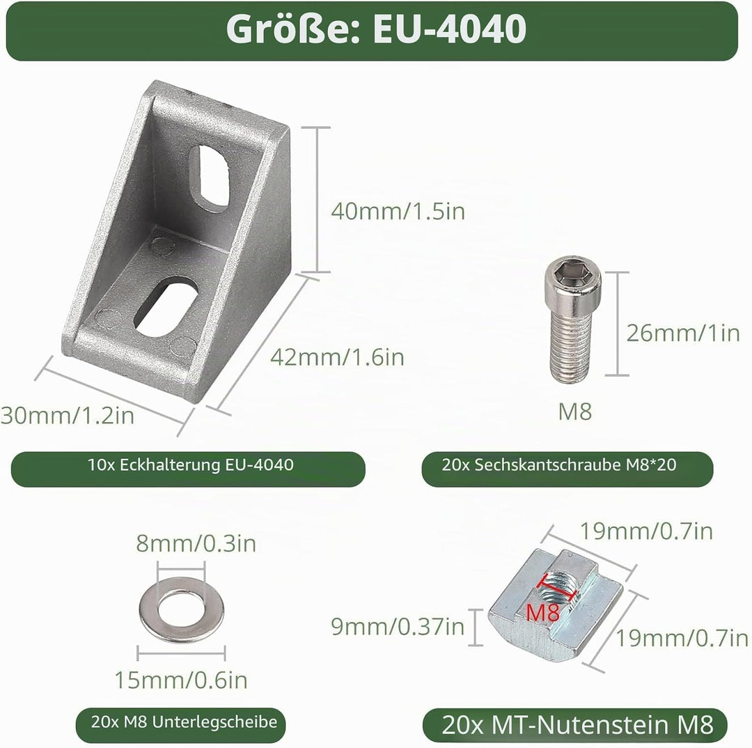 EYPINS 10X ALU Winkelverbinder, Aluprofil 40x40 40x80 Nut 8 Aluminium 90 Grad Winkel Raster Profil A