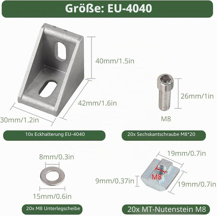 EYPINS 10X ALU Winkelverbinder, Aluprofil 40x40 40x80 Nut 8 Aluminium 90 Grad Winkel Raster Profil A