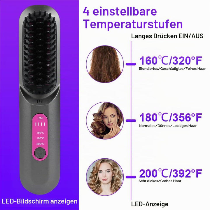 LOPHE Mini Haarglätterbürste, Glättbürste Kabellos, Hair Straightener Comb mit LCD-Bildschirm 3-Stuf