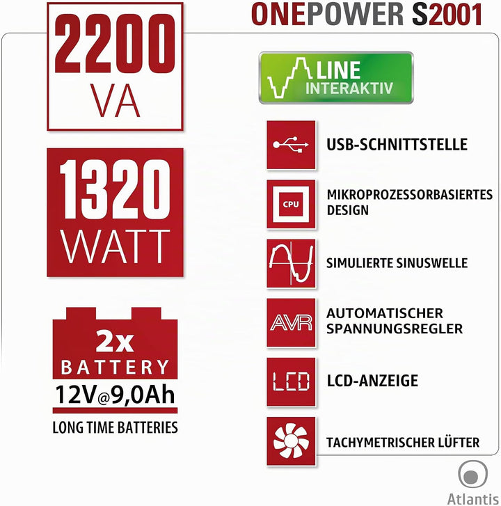 Atlantis OnePower S2001, USV Line Interactive 2000VA/1200W, AVR, PseudoSinuswelle, 4 IEC-Steckdosen
