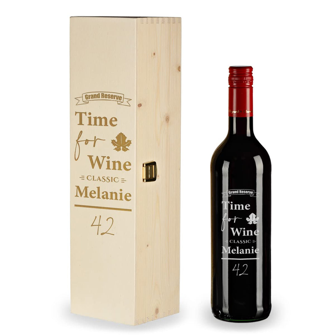 2-TLG Wein Geschenkset - mit Wunschname - 1x 700 ml Weinflasche, 1x Holzkiste personalisiert - für M