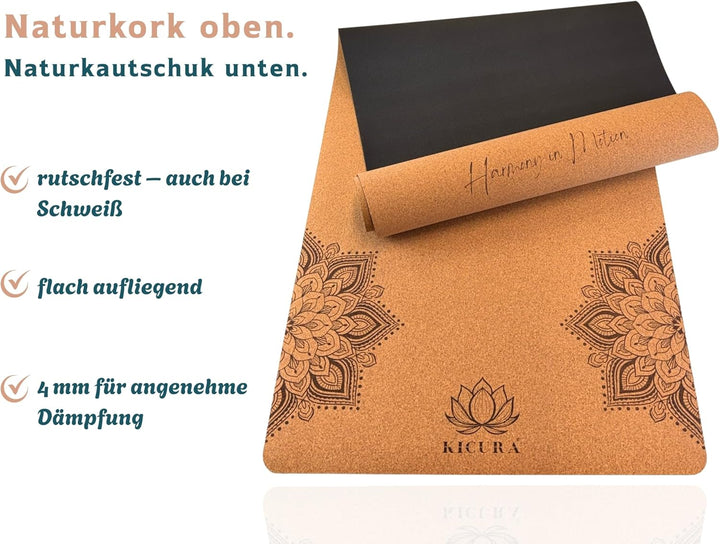 Yoga-Matte aus Kork &amp; Naturkautschuk mit Elefanten-Mandala – rutschfeste Premium-Matte, 4 mm dick, m