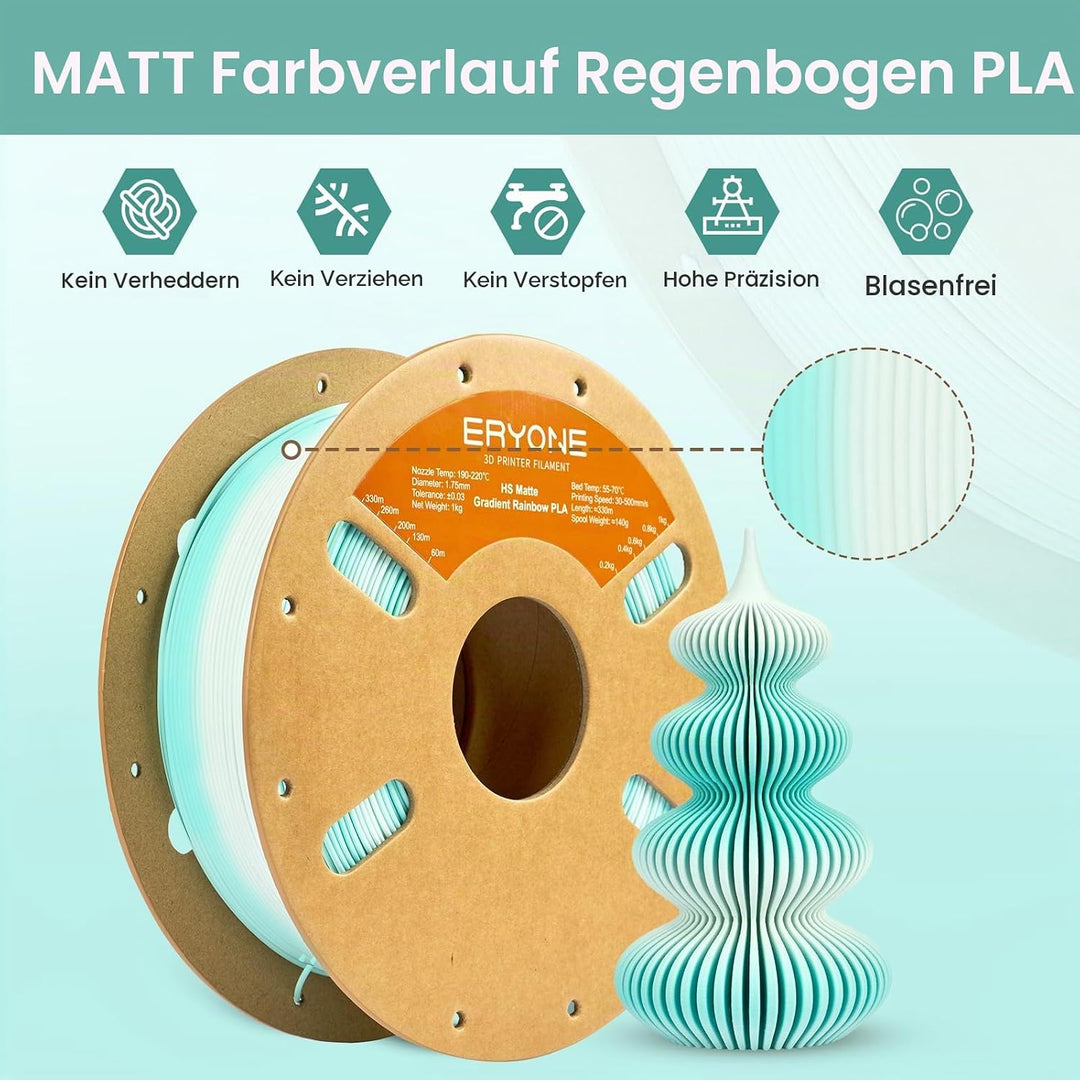ERYONE Matte PLA 3D Drucker Filament 1.75mm, Matte Gradient Rainbow PLA, Massgenauigkeit +/- 0.03 mm