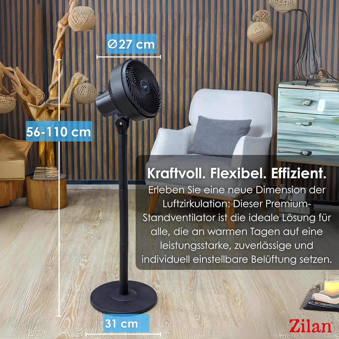 Zilan Standventilator 65 Watt kraftvoller Ventilator sehr leise energiesparend 3 Stufen hoher Luftdu