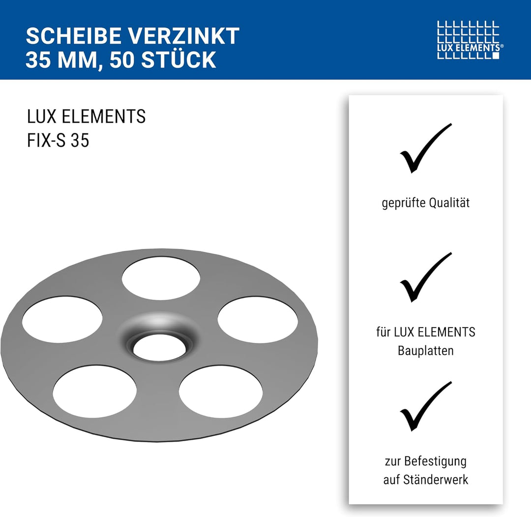 LUX ELEMENTS Unterlegscheibe 35mm FIX-S 50 Stk. I 10x verzinkte Unterlegscheiben mit Stärke 0,7mm fü