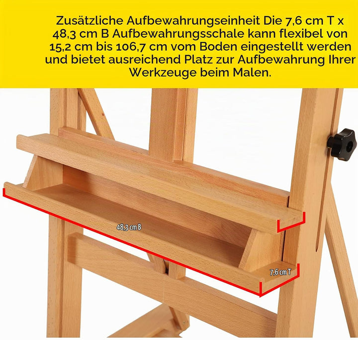MEEDEN Staffelei Holz Gross H-Rahmen mit Ablagefach, Studio Künstler Mal Staffelei, Massives Buchenh