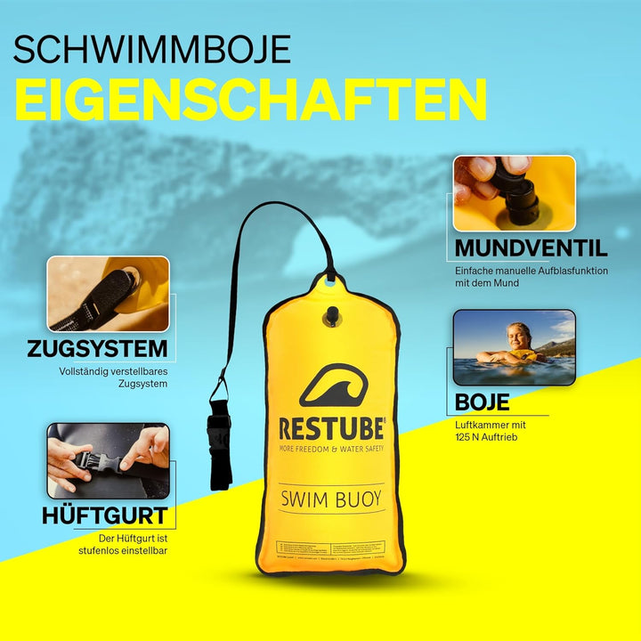 Restube Schwimmboje - Aufblasbare Schwimmhilfe für Schwimmen, Schnorcheln, Triathlon, SUP, Freiwasse