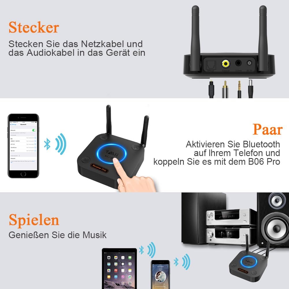 1Mii B06Pro Bluetooth 5.1 HiFi Empfänger, Kabelloser Audio Adapter mit Grosser Reichweite, aptX Low