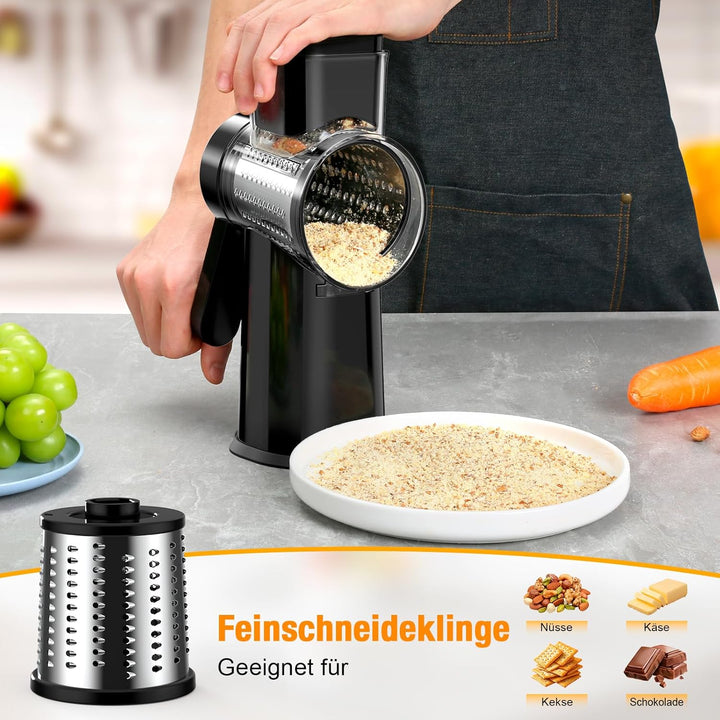 Ibergrif Manuelle Gemüsereibe mit Kurbel, Schwarze Premium Trommelreibe– 3 Klingen für Schneiden, Ra
