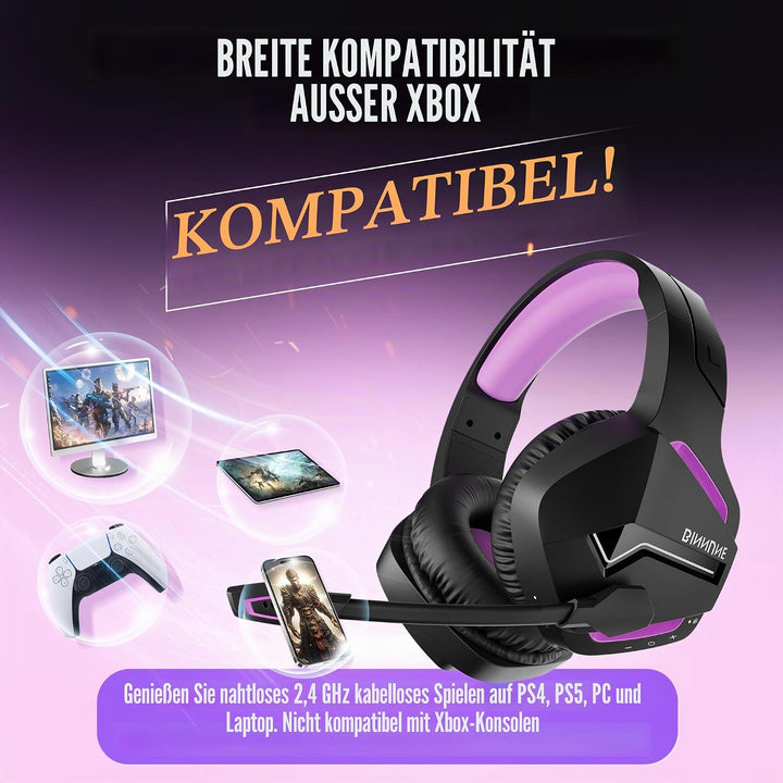 BINNUNE Gaming Headset, Wireless Headset für PS4 PS5 PC PlayStation 4 5, Gaming Kopfhörer mit Mikrof