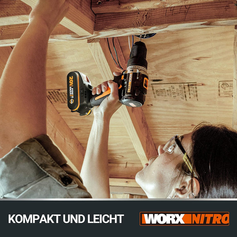 WORX WX102.9 Akku Bohrschrauber 20V – Bürstenloser Akkuschrauber - 60Nm, 2-Gang-Getriebe und LED-Lic