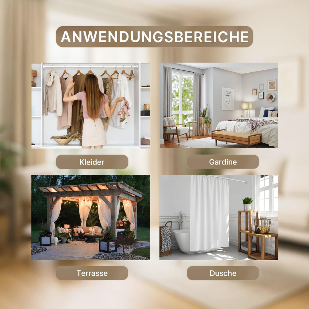Duschvorhangstange ohne Bohren 90-160cm, Weiss, Ø 25 mm, Teleskop Gardinenstange Klemmen - Vorhangst