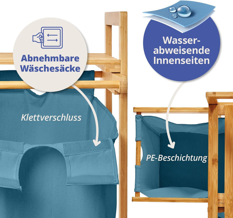 Lumaland Wäschekorb Bambus mit 2 ausziehbaren Wäschesäcken | Pflegeleichtes Material, unempfindlich