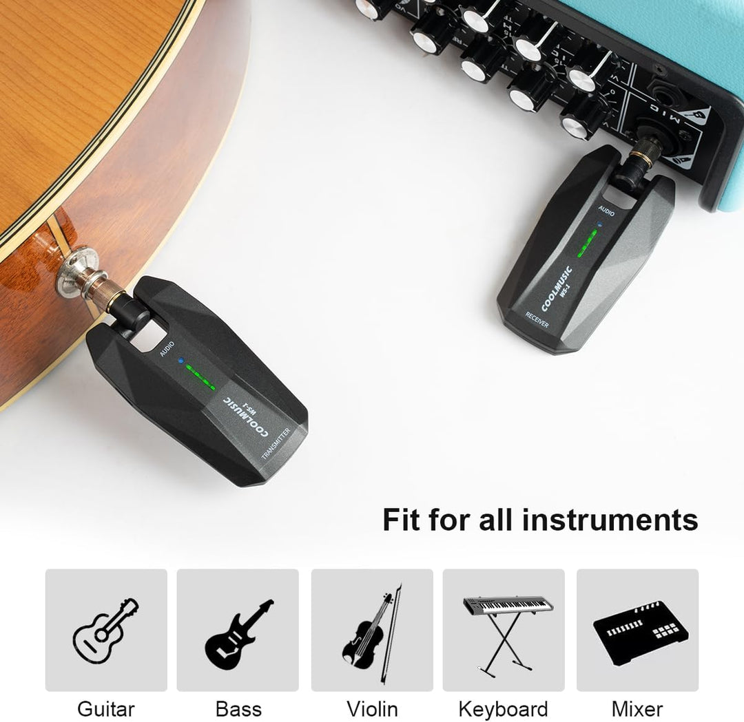 Coolmusic WS1 Kabelloses Stereo-Gitarrensystem 5,8 GHz mit 1/4-Zoll- und 1/8-Zoll-Instrumentenstecke