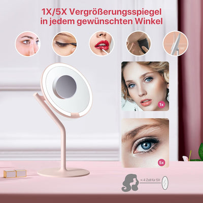 AMIRO Rechargeable Mirror LED Illuminated with 5X Magnification, Dimmable Brightness and 180°Rotatio
