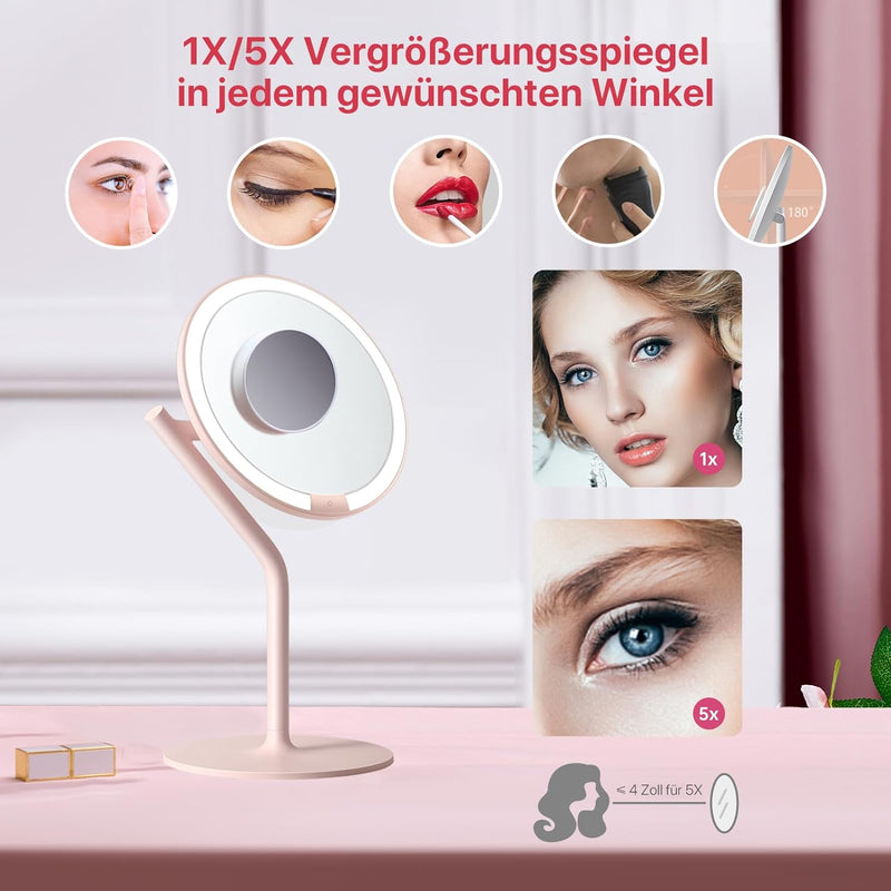 AMIRO Rechargeable Mirror LED Illuminated with 5X Magnification, Dimmable Brightness and 180°Rotatio