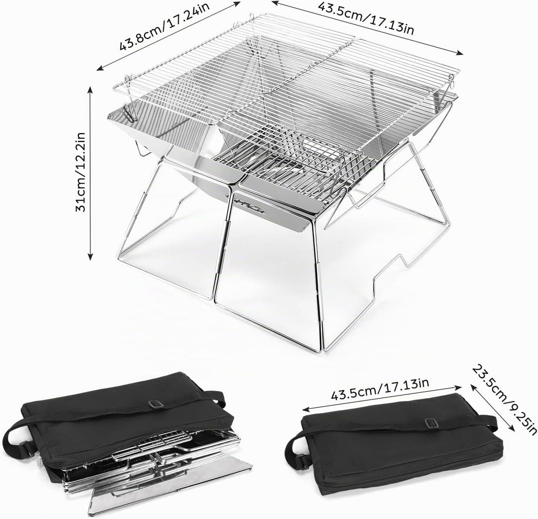 Odoland Faltbarer Lagerfeuer-Grill, Camping-Feuerstelle mit Tragetasche, 304 Edelstahl, Grilltor, ro