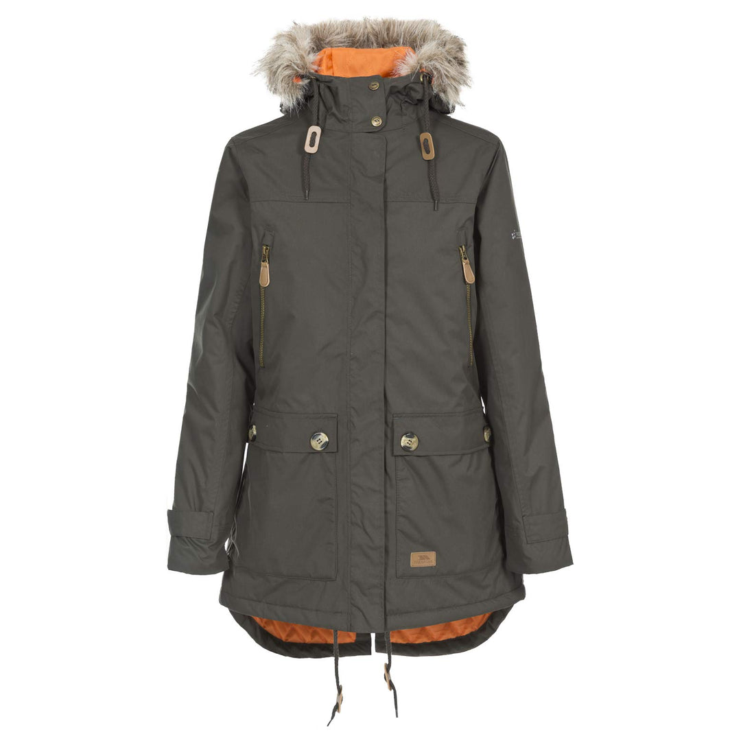 Trespass Clea, Wasserdichte Jacke mit Einrollbarer Kapuze für Damen XXL dunkles kaki, XXL dunkles ka