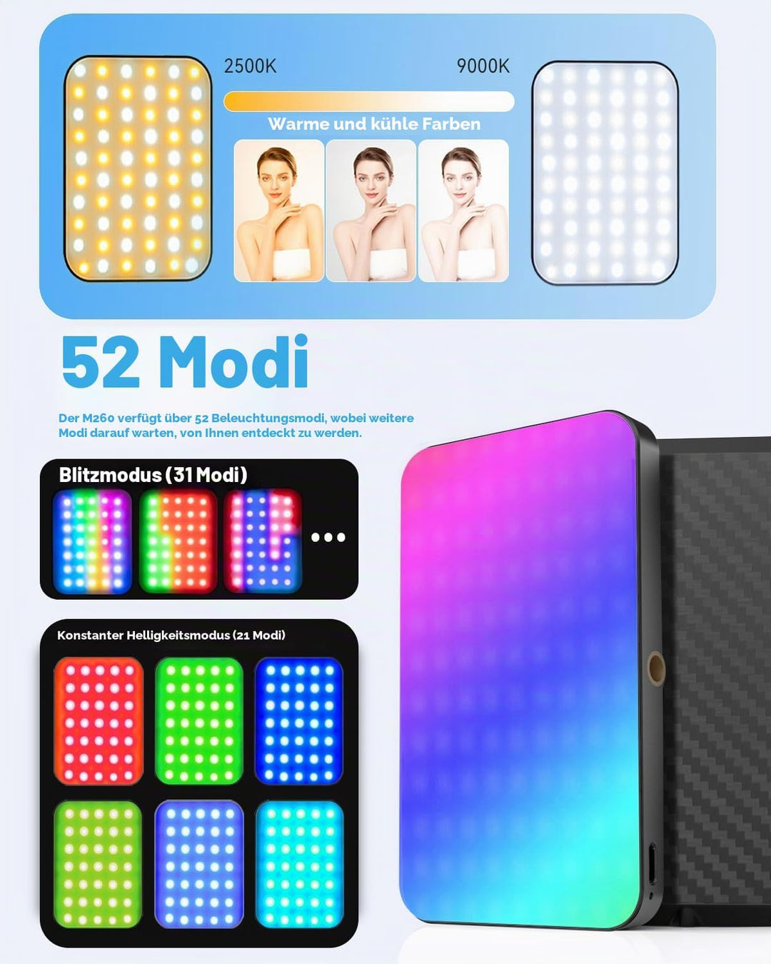 Handy Licht iPhone Selfie Licht: 5000 mAh RGB Wiederaufladbare Telefonfülllichter, LED Ringlicht für