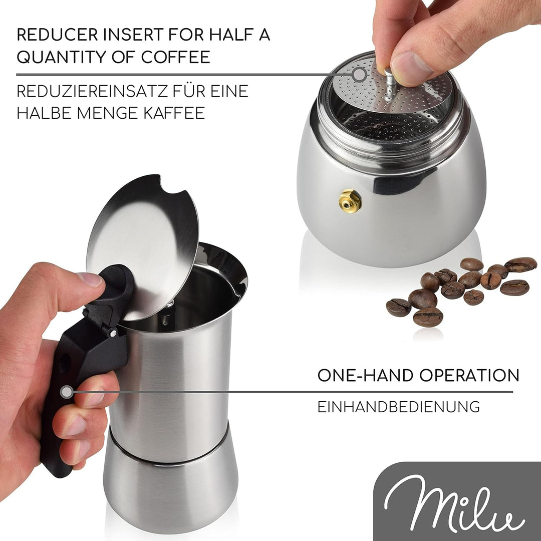 Milu Espressokocher (2 Cup No Induktion) | 2, 4, 6, 9 Tassen| Edelstahl Mokkakanne, Espressokanne, E