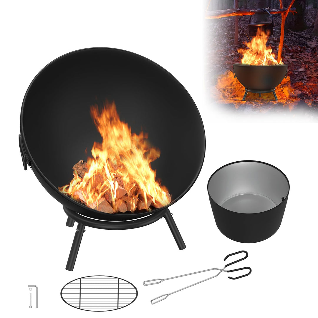 UISEBRT Runde Feuerschale 60 cm aus Stahl tragbare Feuerstelle mit Holzrost und Zubehör ideal für Ga
