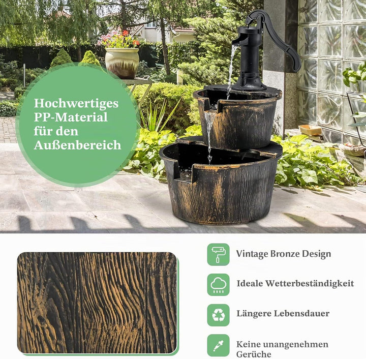 GOPLUS Gartenbrunnen Holz, Springbrunnen Zierbrunnen mit Wasserpumpe, Fassbrunnen Wasserfall, Holzbr