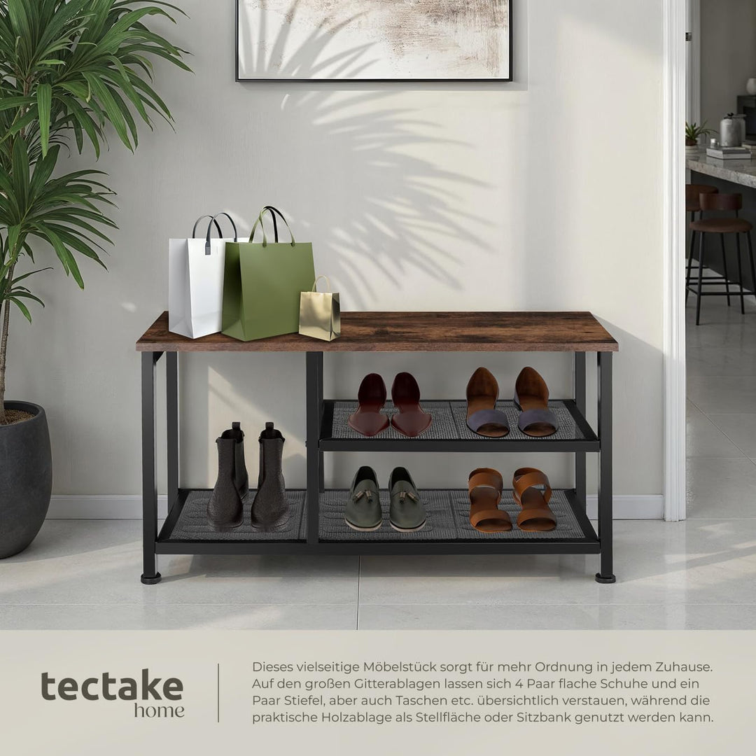 tectake 800949 Schuhregal schmal mit Sitzfläche, Schuhbank aus Holz und Metall, Industrie-Design, 3