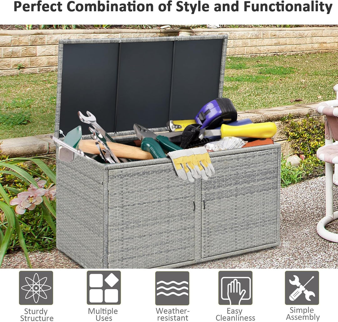 KOMFOTTEU Rattan Auflagenbox, Aufbewahrungstruhe mit Doppeltüren und Deckel, 2 stöckiger Gärtnerschr