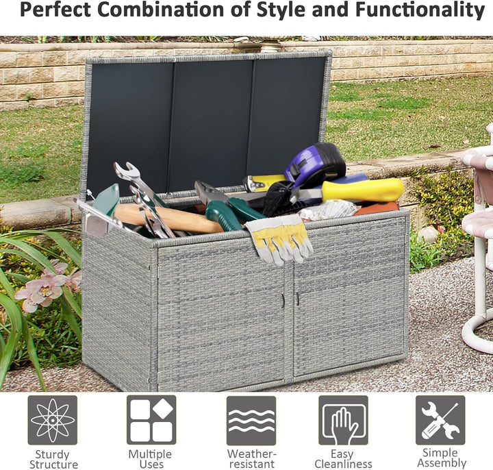 KOMFOTTEU Rattan Auflagenbox, Aufbewahrungstruhe mit Doppeltüren und Deckel, 2 stöckiger Gärtnerschr