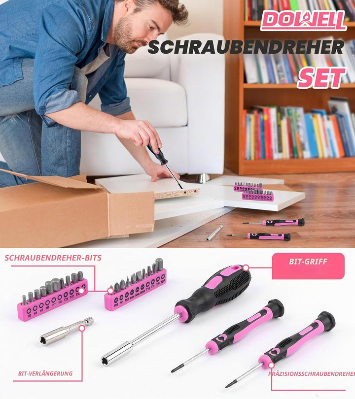 DOWELL Pinkes Werkzeugset für Damen, Mädchen, Damen, Haushaltswerkzeug-Set mit 35,6 cm Werkzeugtasch