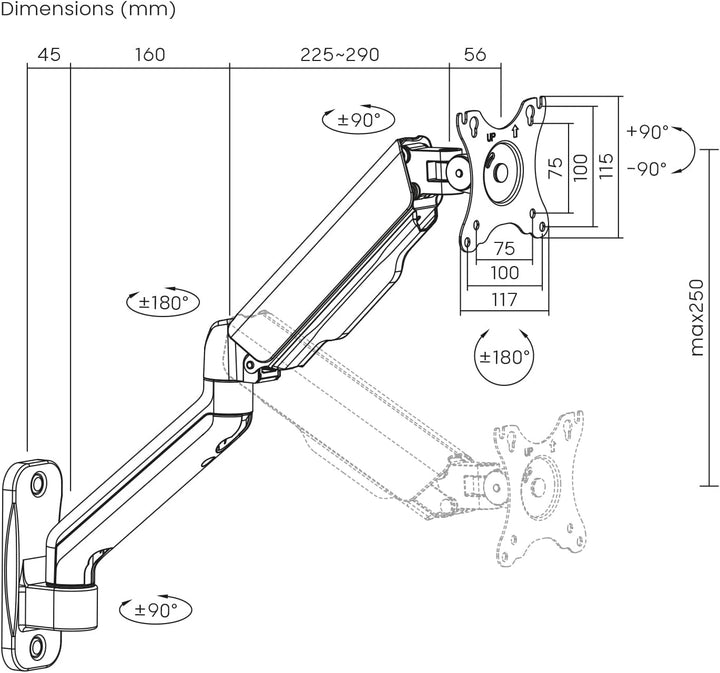 Maclean Doppelarm Monitor-Wandhalterung | Für 17-32" Flach- &amp; Curved-Bildschirme bis 9 kg | VESA 75x